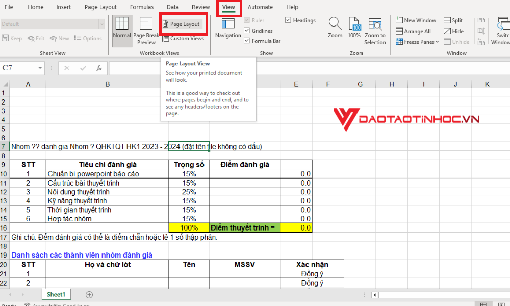 Đánh số trang bằng Page Layout - Bước 1