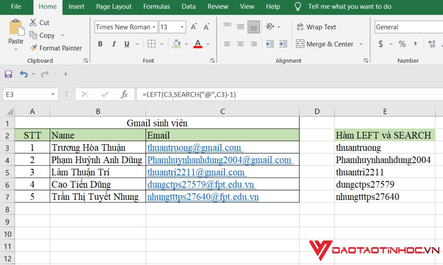 Kết quả khi tách chữ trong Excel bằng hàm kết hợp Left và Search