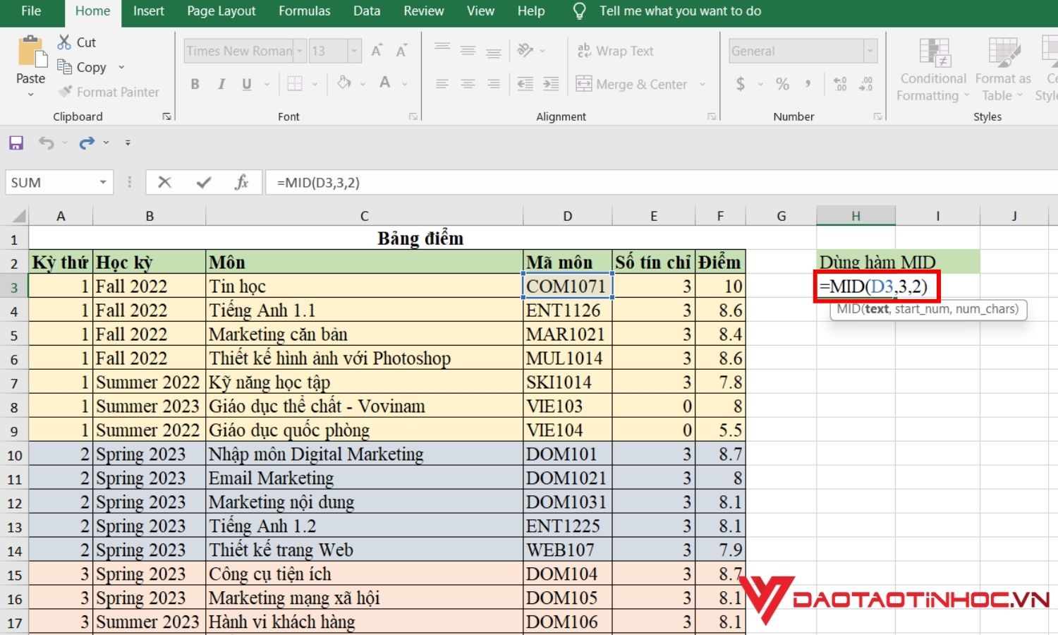 Dùng Mid là hàm lấy ký tự trong Excel - bước 2