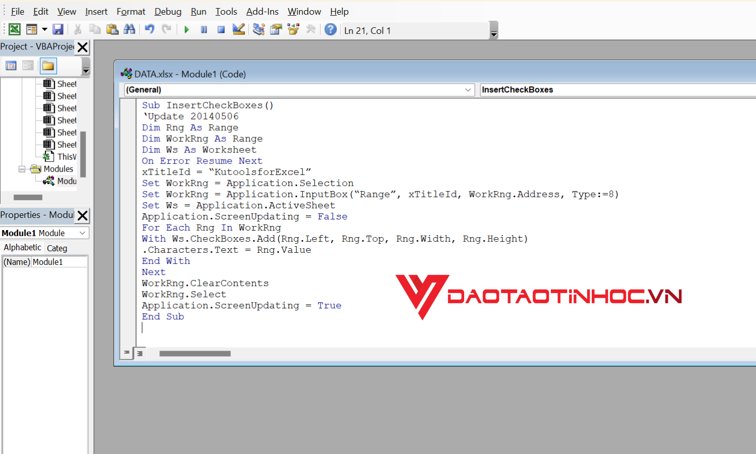 Tạo dấu Checkbox hàng loạt bằng code VBA - bước 3