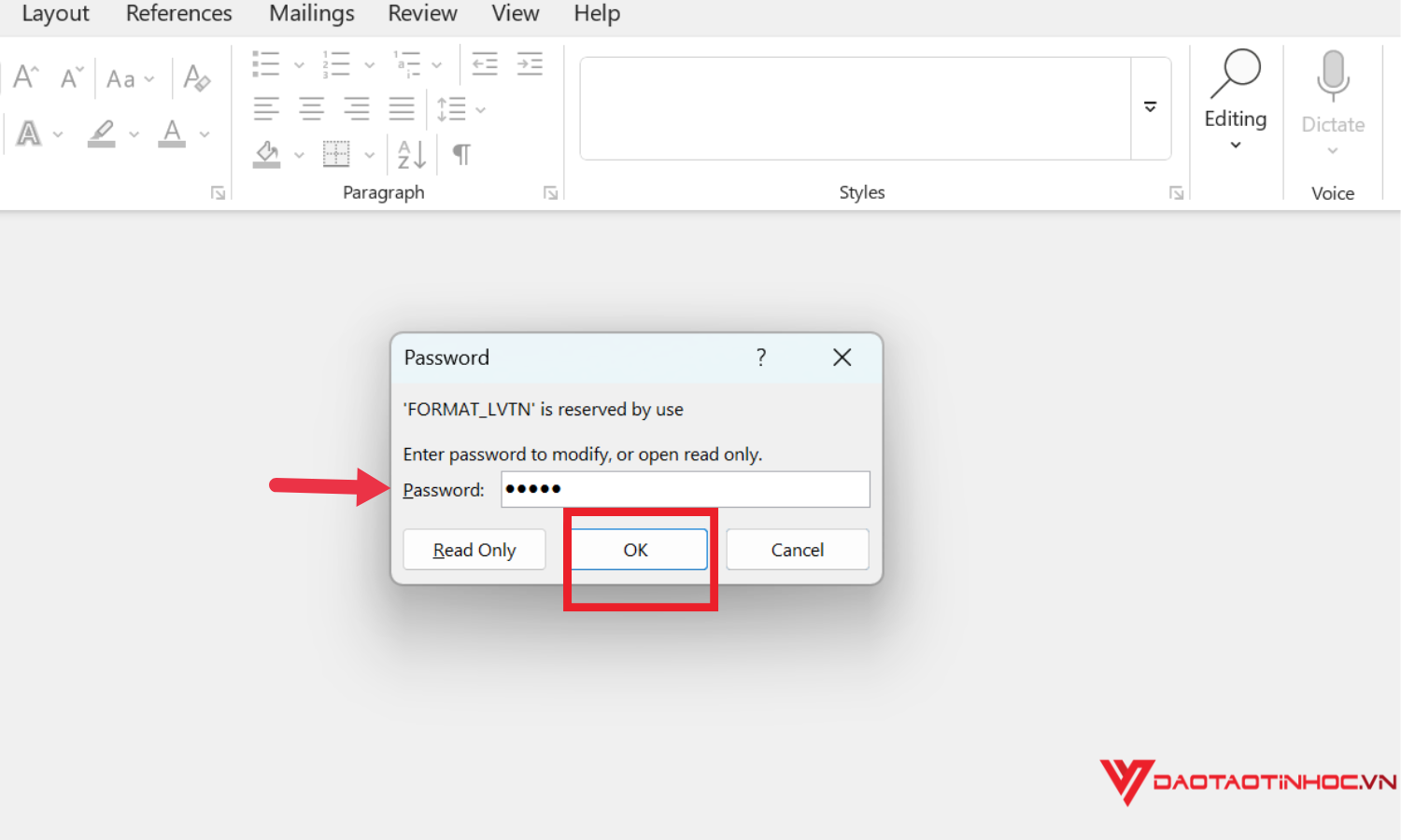 Nhập mật khẩu mở file kèm quyền chỉnh sửa