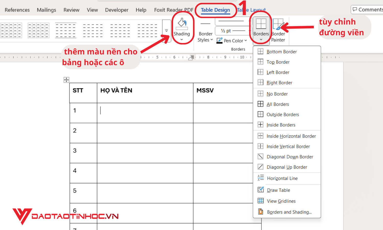 Áp dụng màu sắc và đường viền