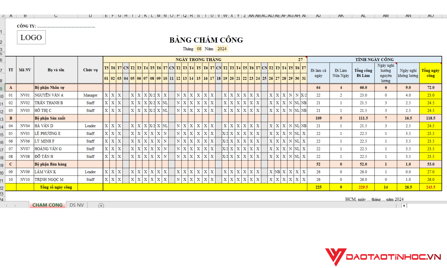 Bảng chấm công hoàn chỉnh