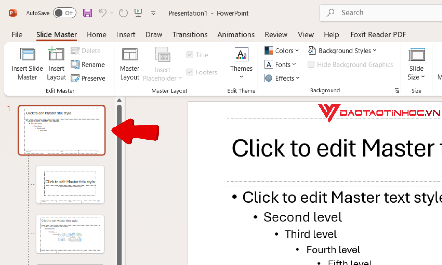 Bắt đầu định dạng ở slide đầu tiên