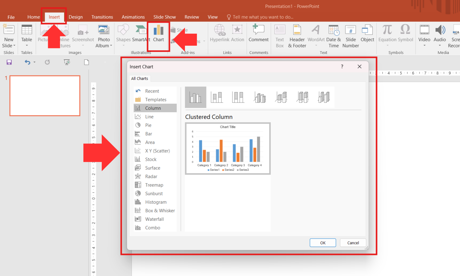 Bước 1: Chèn biểu đồ vào slide