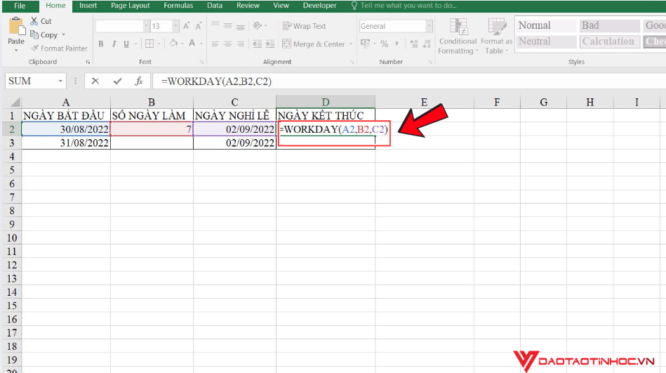 Ví dụ minh họa cách thao tác hàm WORKDAY