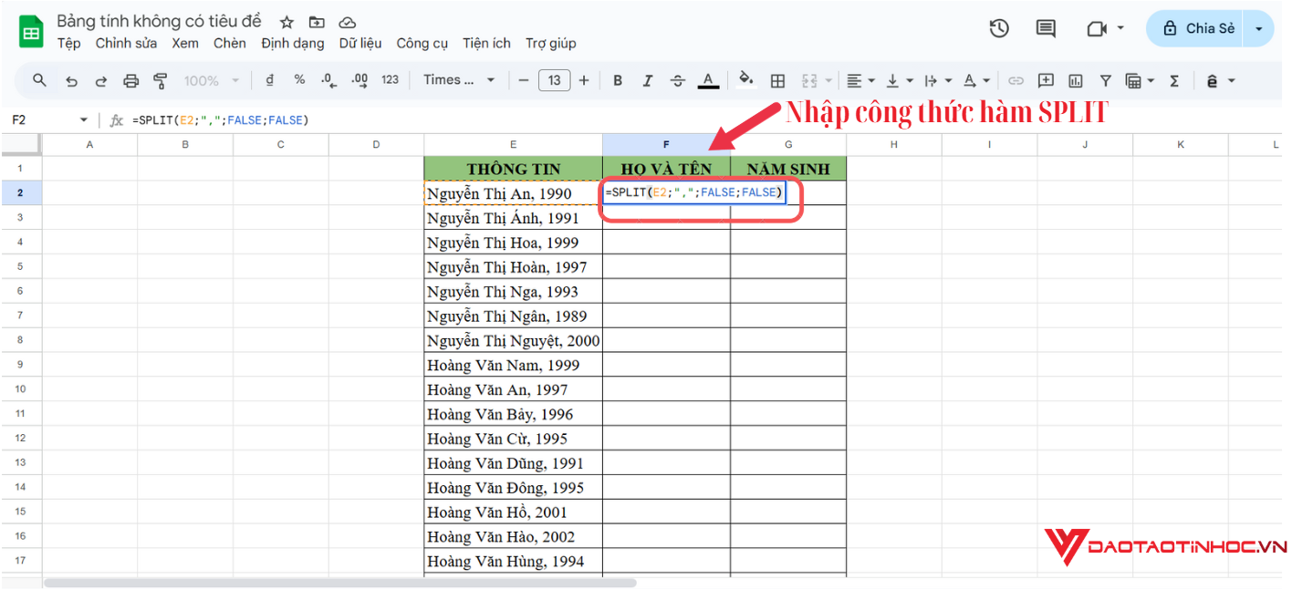 Minh họa cách thao tác hàm SPLIT