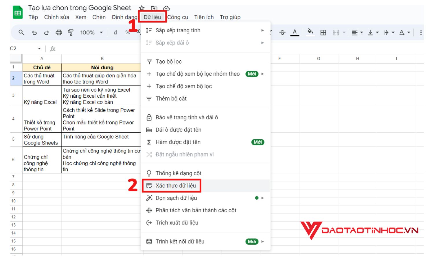 Bước 2 tạo lựa chọn trên Google Sheet bằng cách tự nhập