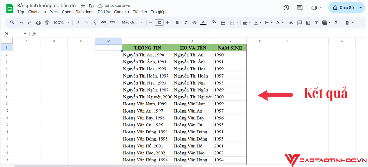 Kết quả sau khi sử dụng hàm SPLIT
