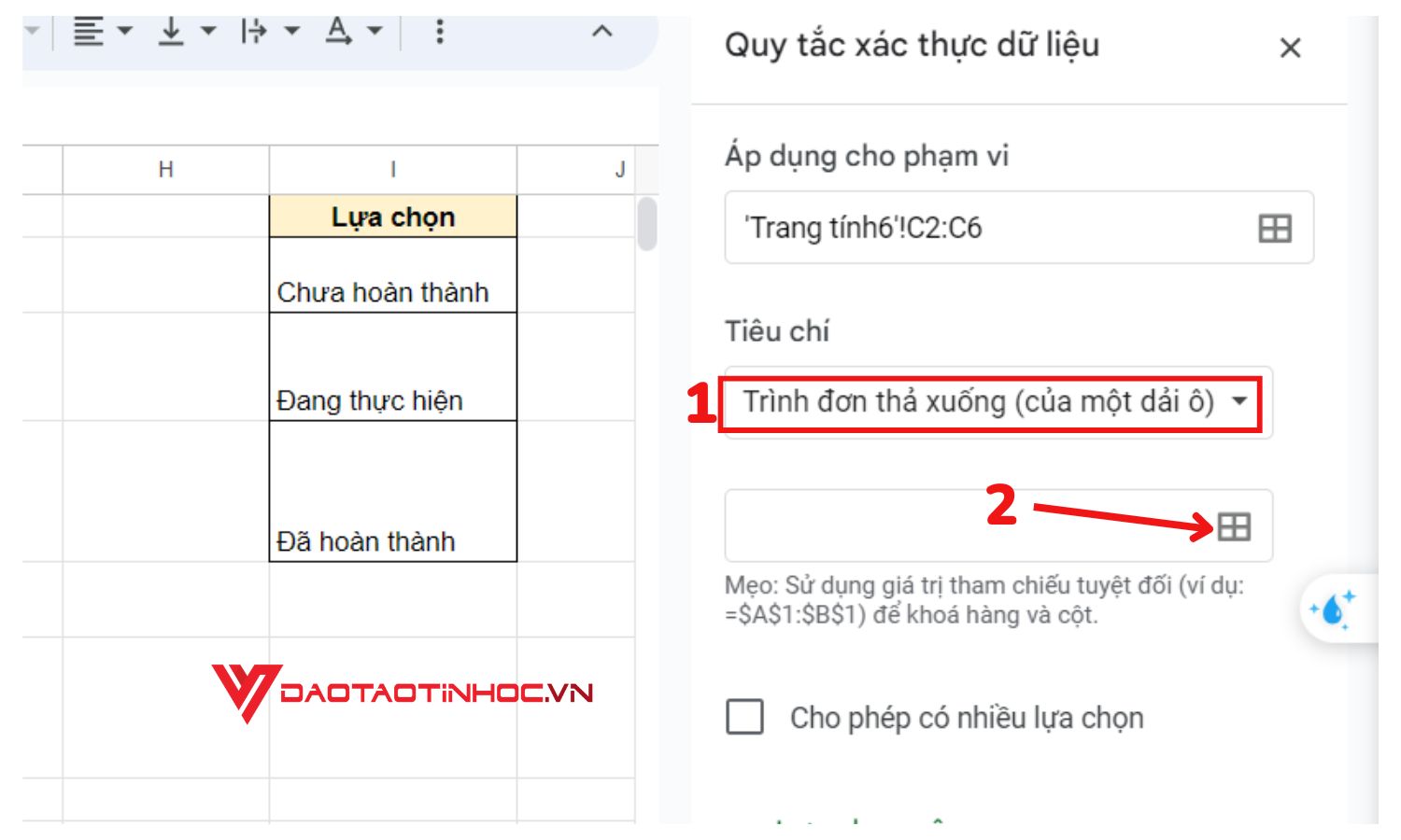 Bước 4 tạo lựa chọn trên Google Sheet bằng dữ liệu có sẵn