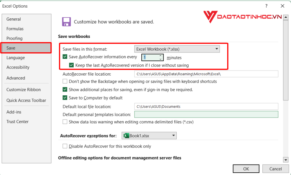 Cách bật Autosave và Autorecover để tự động lưu lại file Excel 2