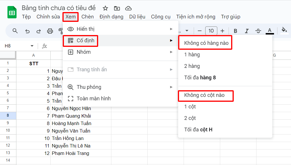 Cách bỏ cố định cột trong Google Sheet