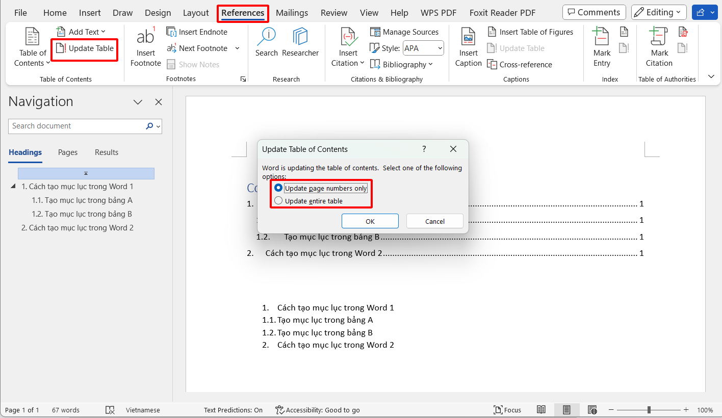 Cách cập nhật sau khi tạo mục lục tự động trong Word