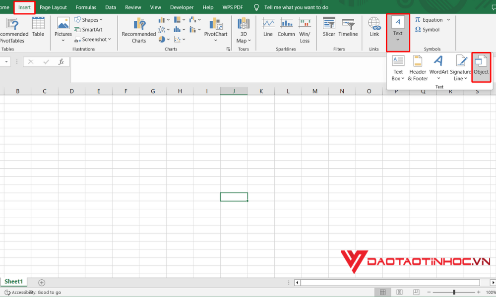 Cách chèn file vào Excel bước 1