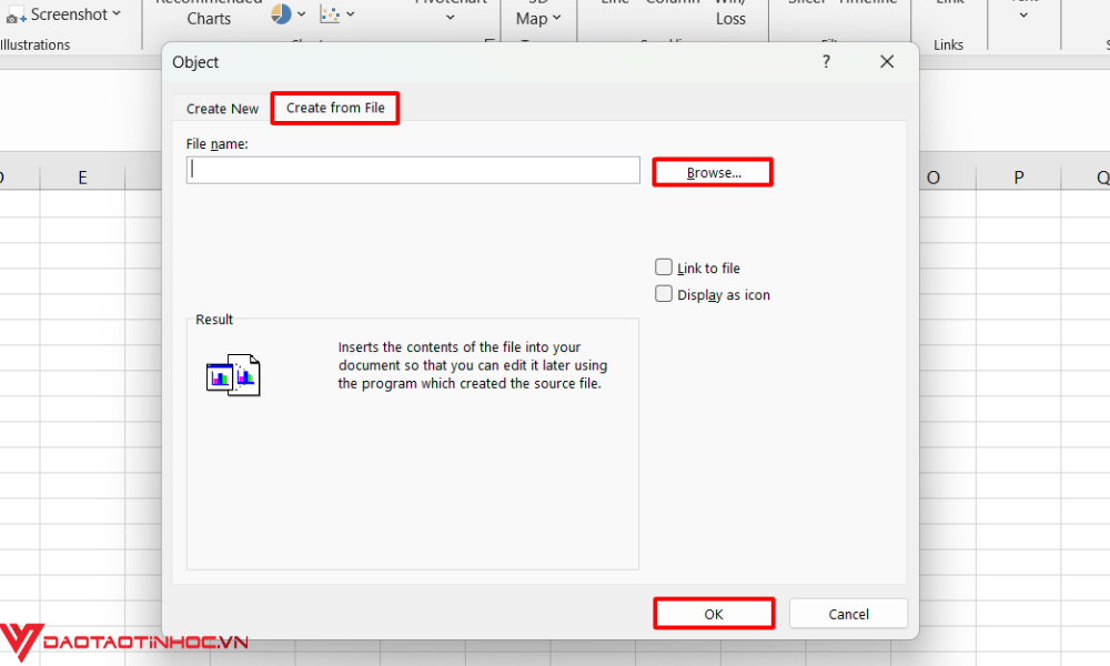 Cách chèn file vào Excel bước 2