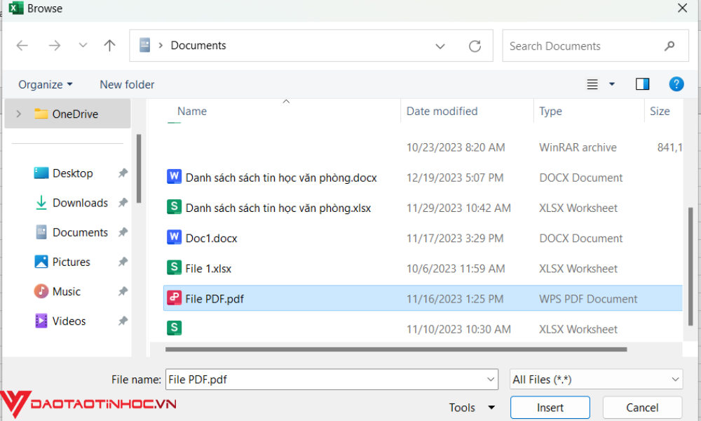 Cách chèn file vào Excel bước 3