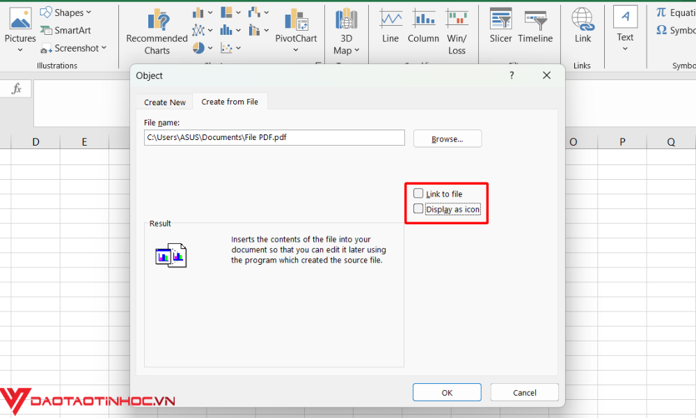 Cách chèn file vào Excel bước 4