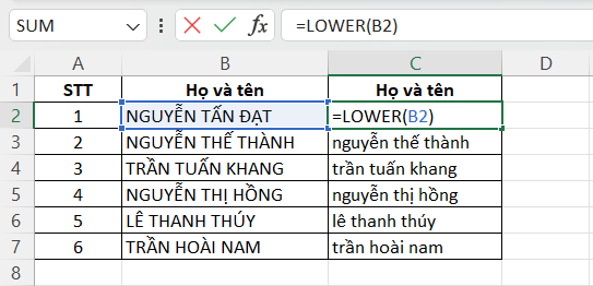 Cách chuyển chữ in hoa thành chữ thường bằng hàm LOWER