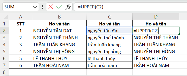 Cách chuyển chữ thường thành chữ in hoa bằng hàm UPPER