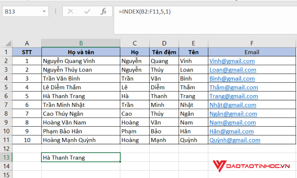 Cách dùng hàm INDEX trong Excel 2