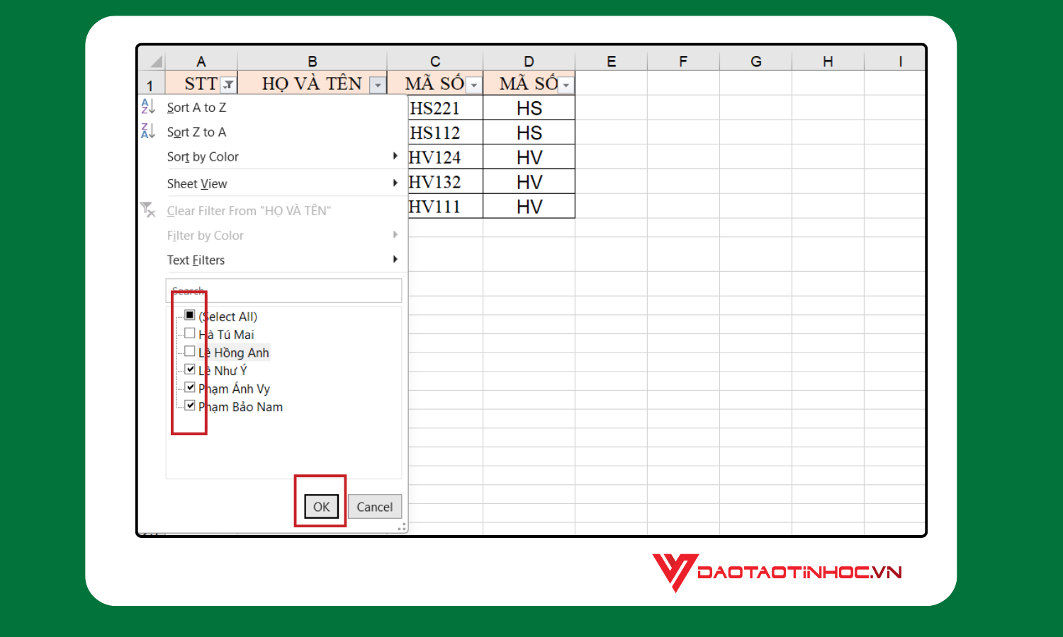 Cách lọc dữ liệu bằng Filter - Bước 4