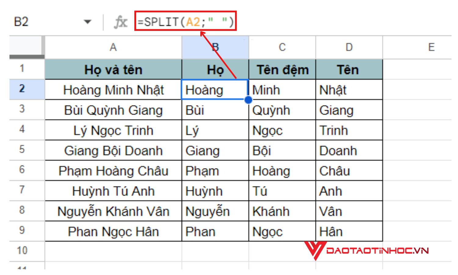 Cách tách chuỗi trong Google Sheet bằng hàm SPLIT
