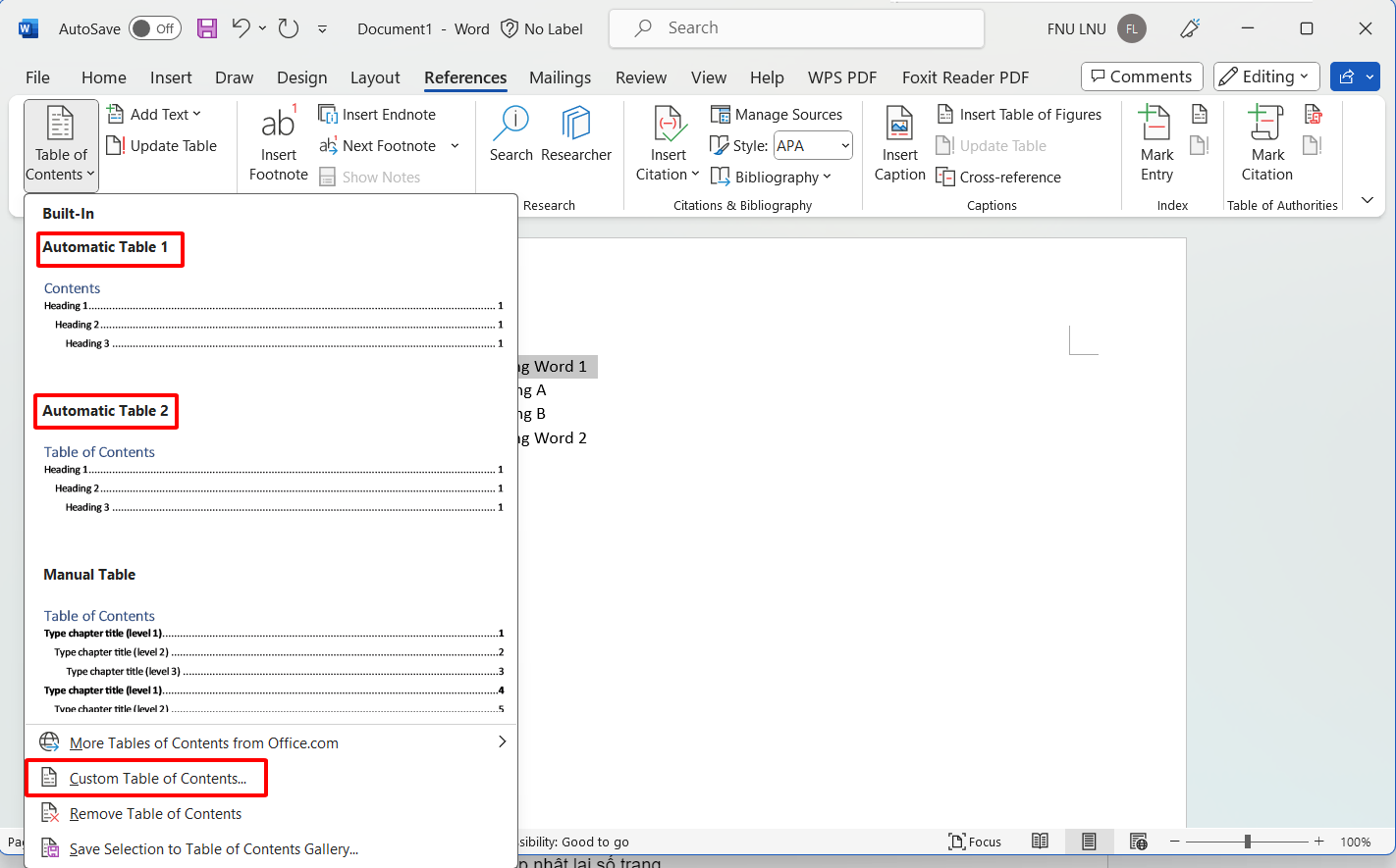 Cách tạo mục lục trong Word - Bước 2