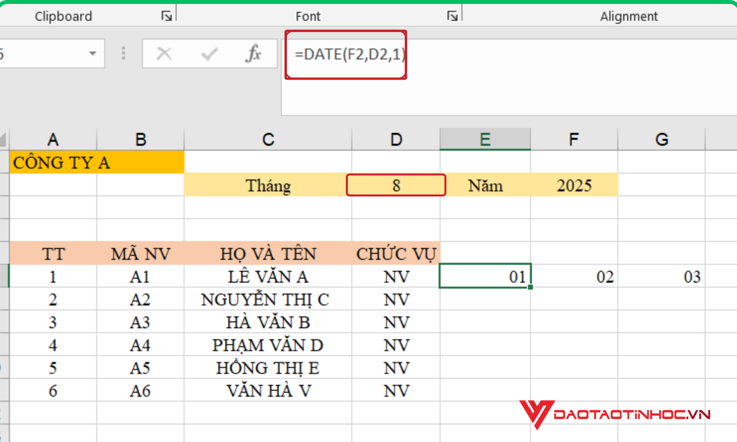 Cách tạo ngày trong bảng chấm công