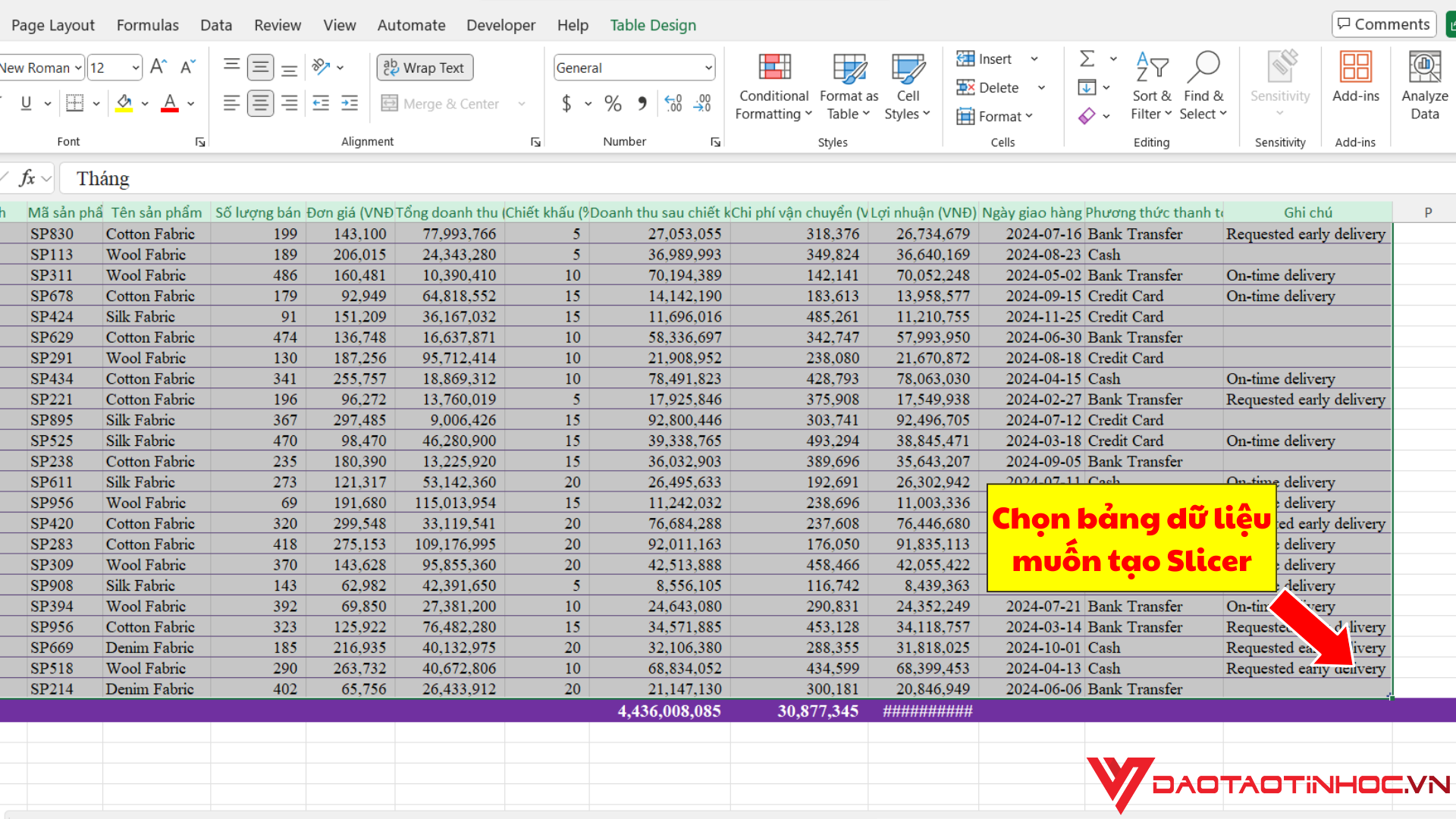 Cách tạo Slicer trong Excel - Bước 1