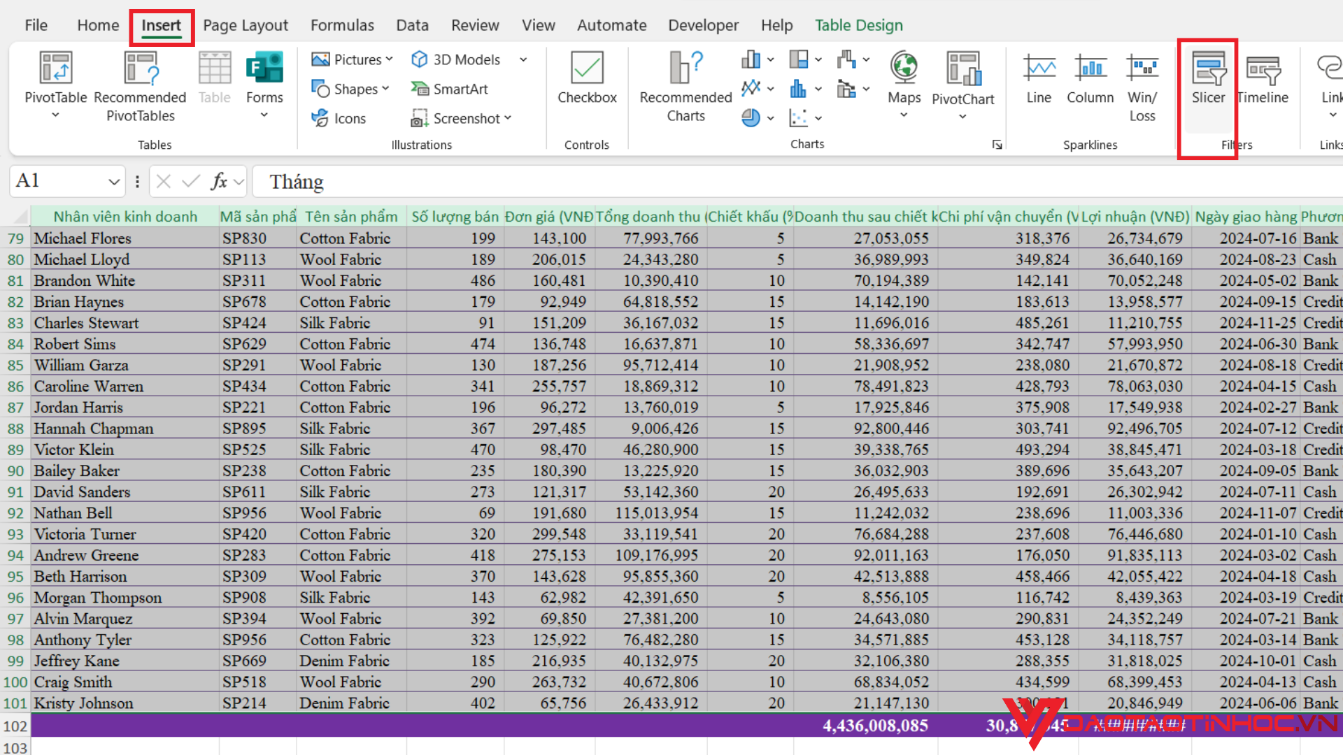 Cách tạo Slicer trong Excel - Bước 2