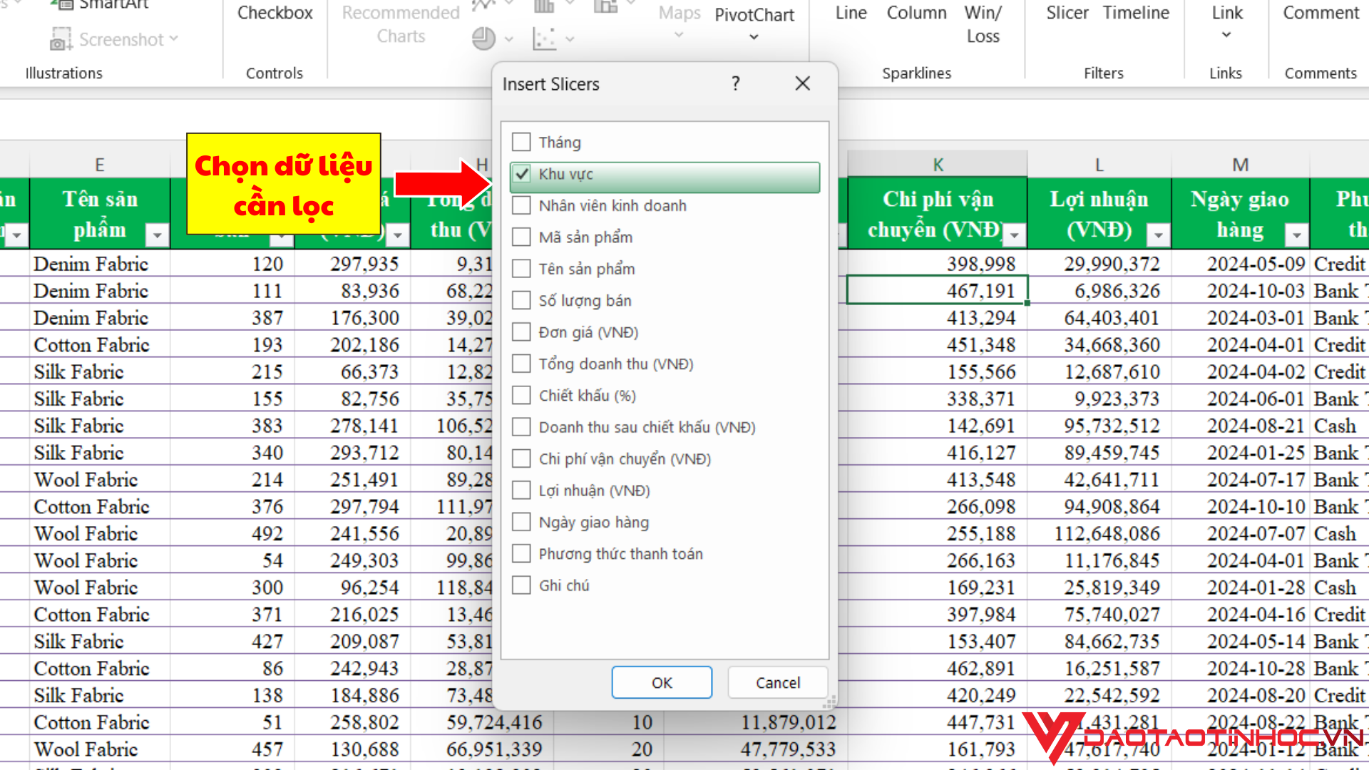 Cách tạo Slicer trong Excel - Bước 3