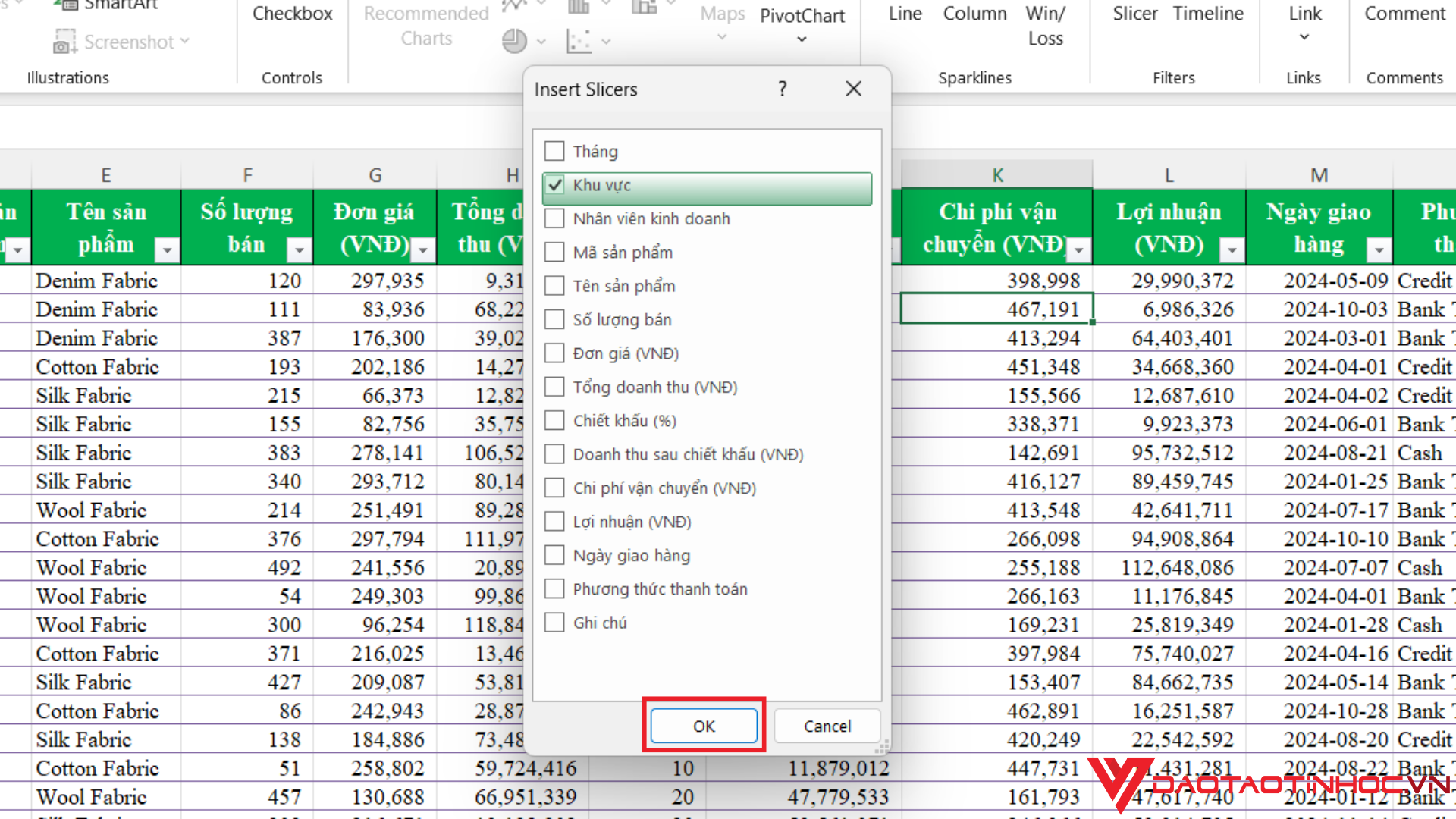 Cách tạo Slicer trong Excel - Bước 4