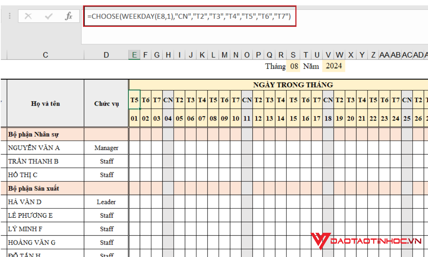 Cách tạo thứ trong bảng chấm công