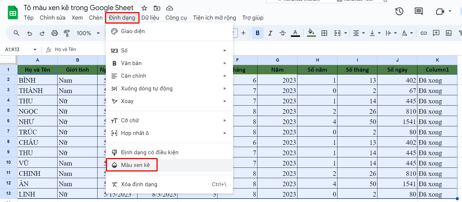 Cách tô màu xen kẽ trong google Sheet 1