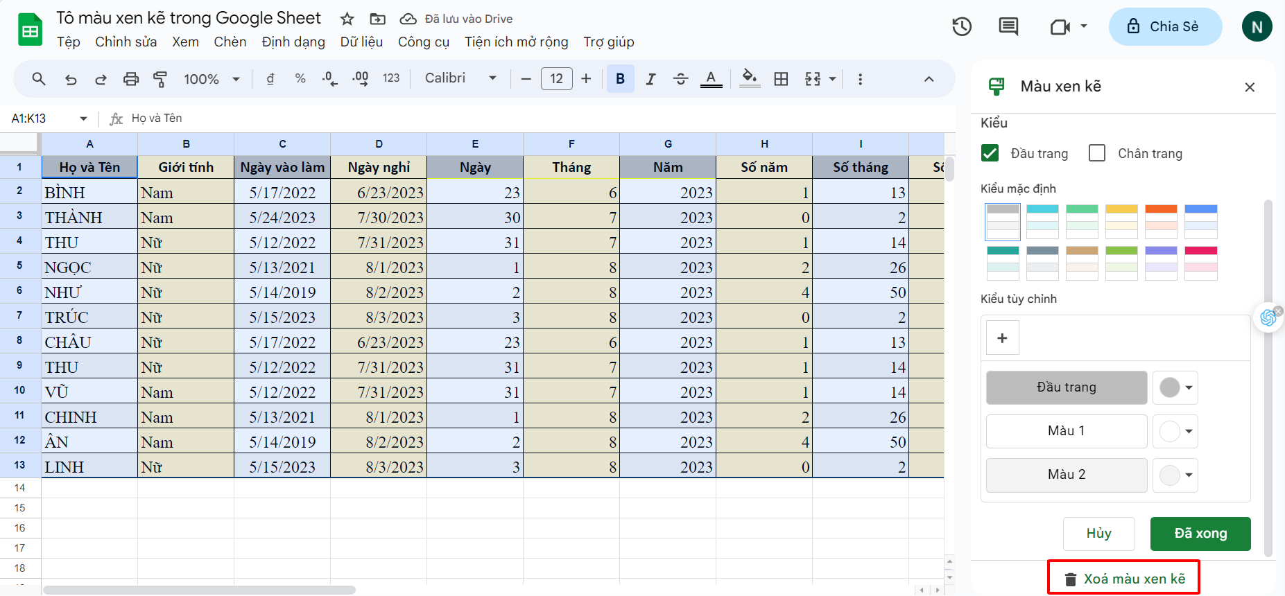 Cách xóa màu xen kẽ trong Google Sheet