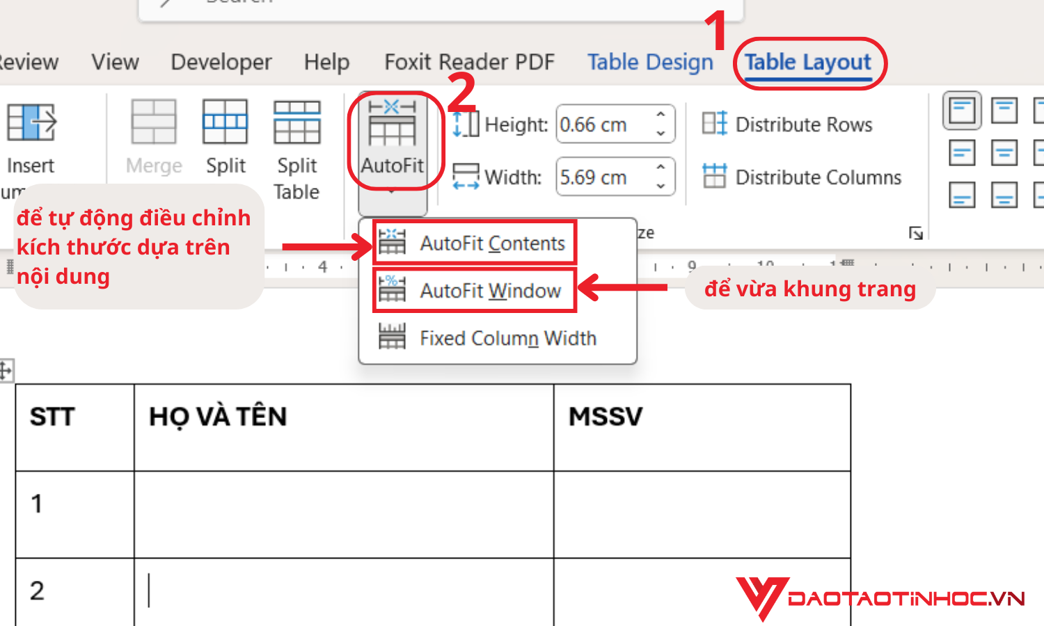 Căn chỉnh kích thước bảng bằng tính năng AutoFit