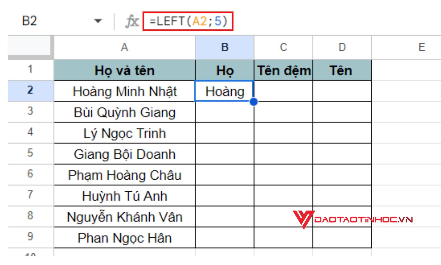 Cắt chuỗi trong Google Sheet bằng hàm LEFT