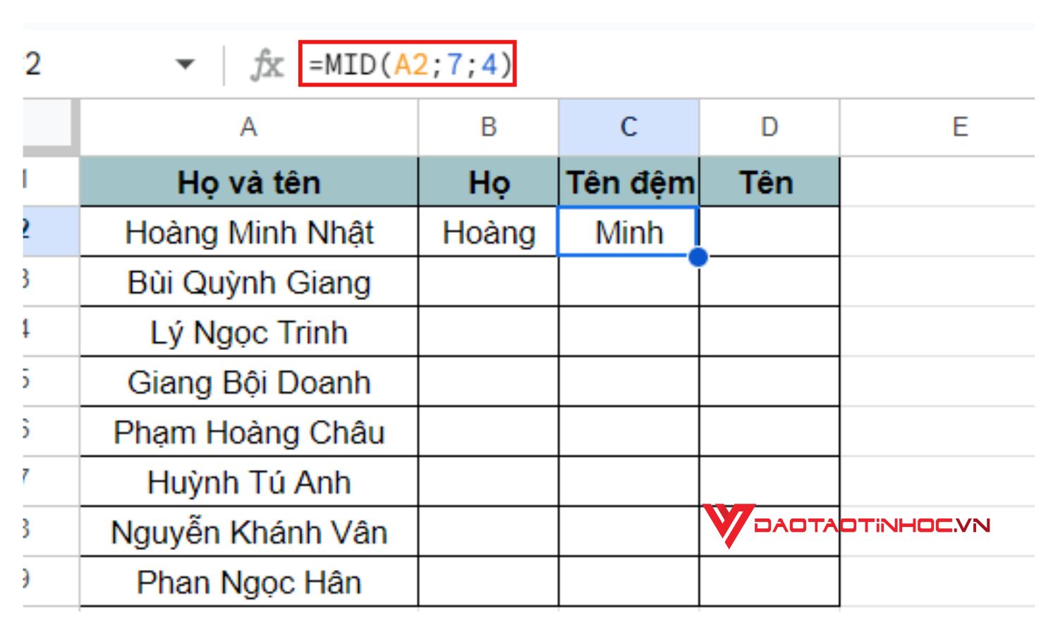 Cắt chuỗi trong Google Sheet bằng hàm MID