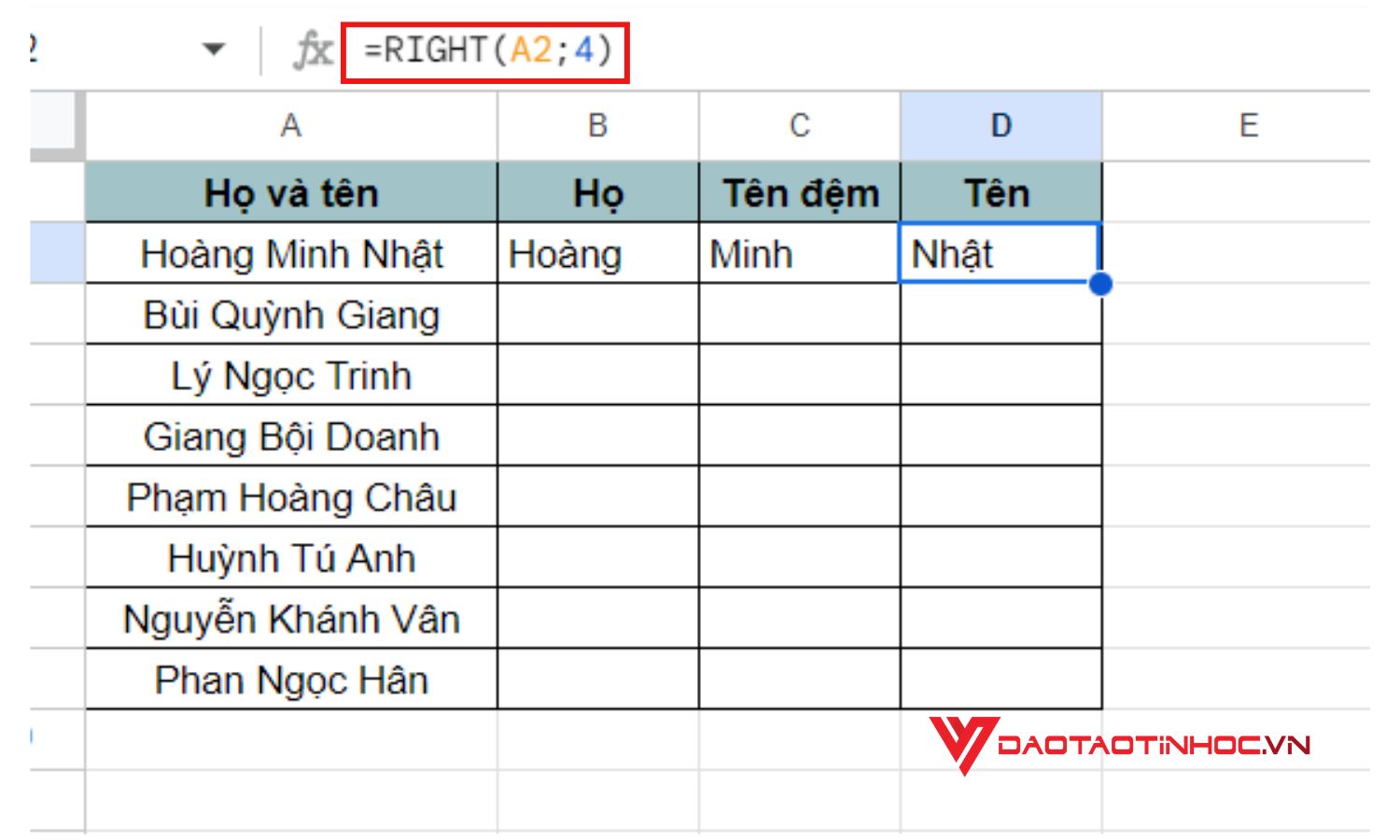 Cắt chuỗi trong Google Sheet bằng hàm RIGHT