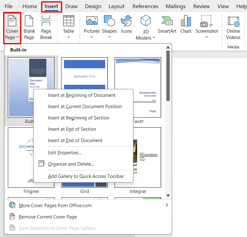 Chèn bìa vào Word bằng mẫu có sẵn 2