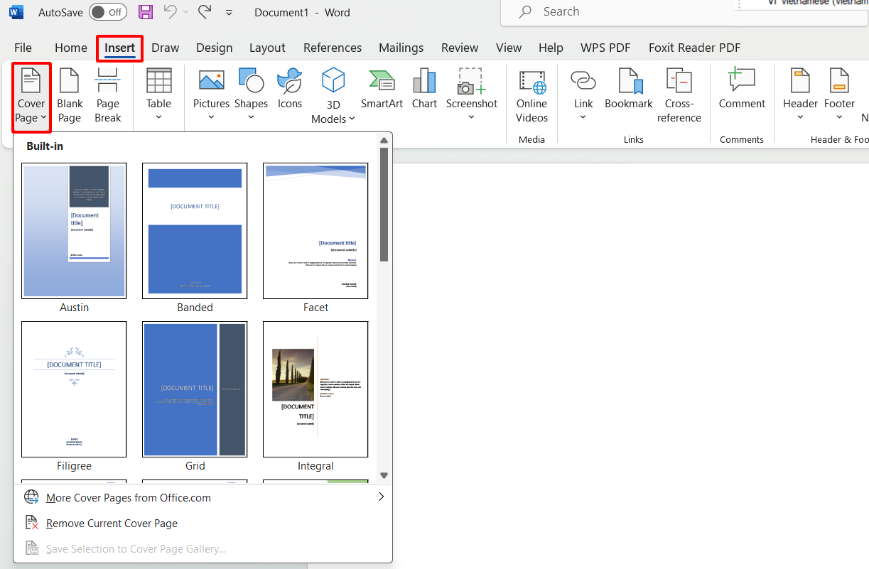 Chèn bìa vào Word bằng mẫu có sẵn
