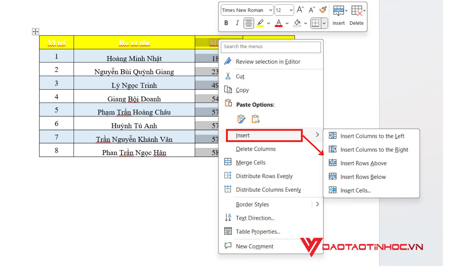 Chèn thêm hàng và cột vào bảng