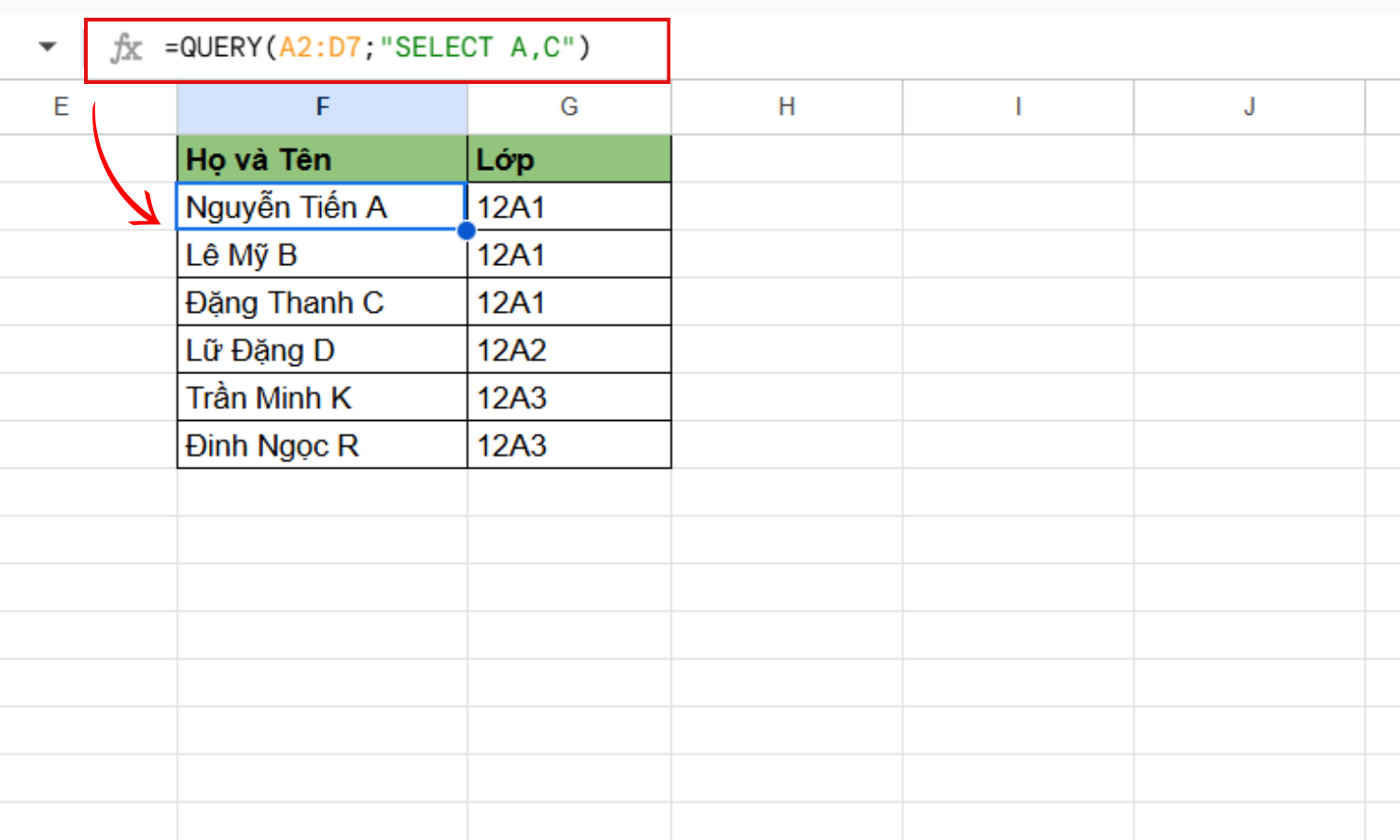 Chỉ lấy dữ liệu của cột Tên và Lớp