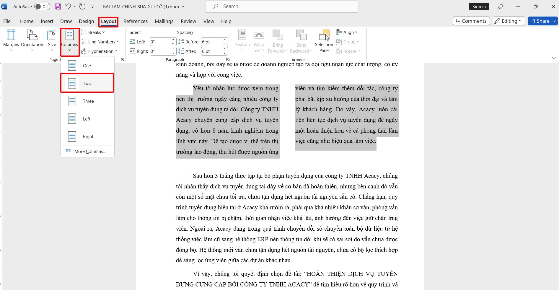 Chia đôi văn bản trong Word bằng Columns