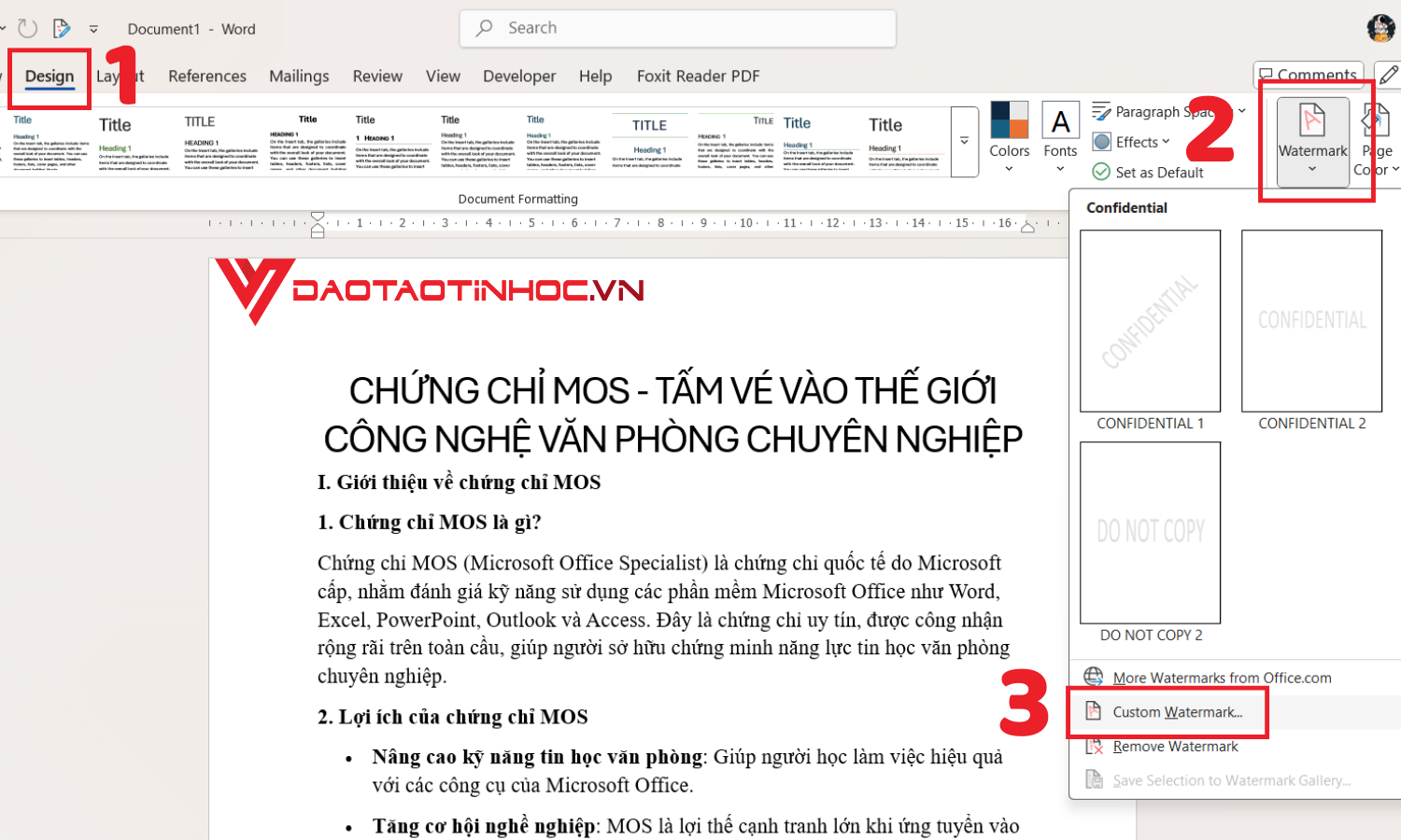 Chọn Custom Watermark để tạo logo chìm trong Word
