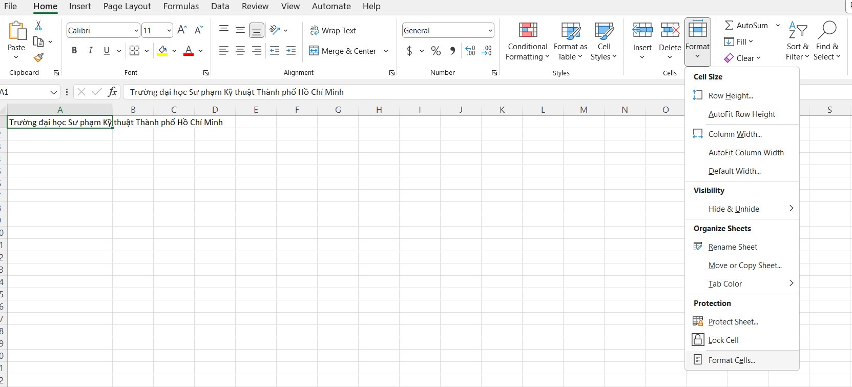 Chọn Format Cells trong thẻ Home