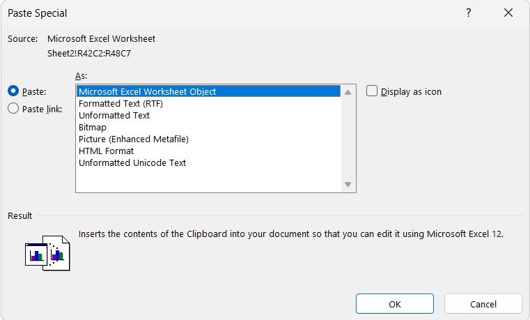 Chọn Microsoft Excel Worksheet Object để copy bảng từ Excel sang Word không mất định dạng