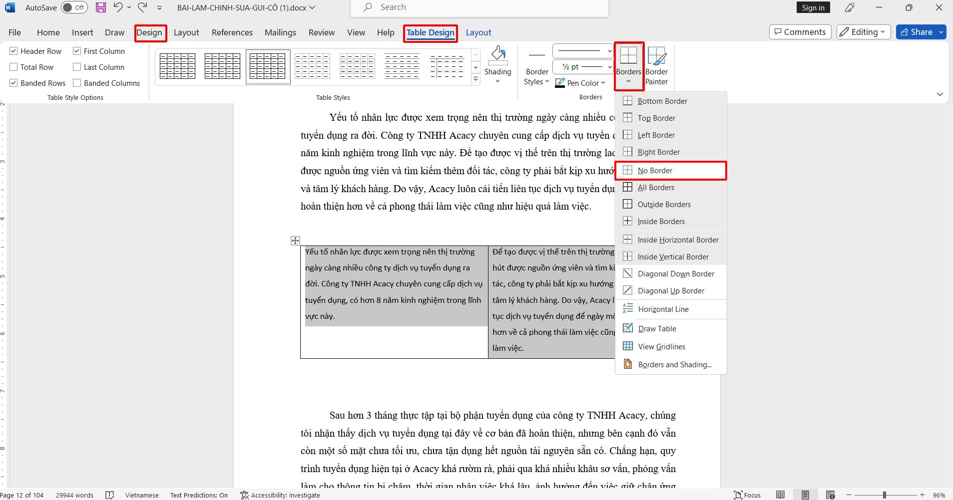 Chọn No Border để xóa đường kẻ chia cột trong word