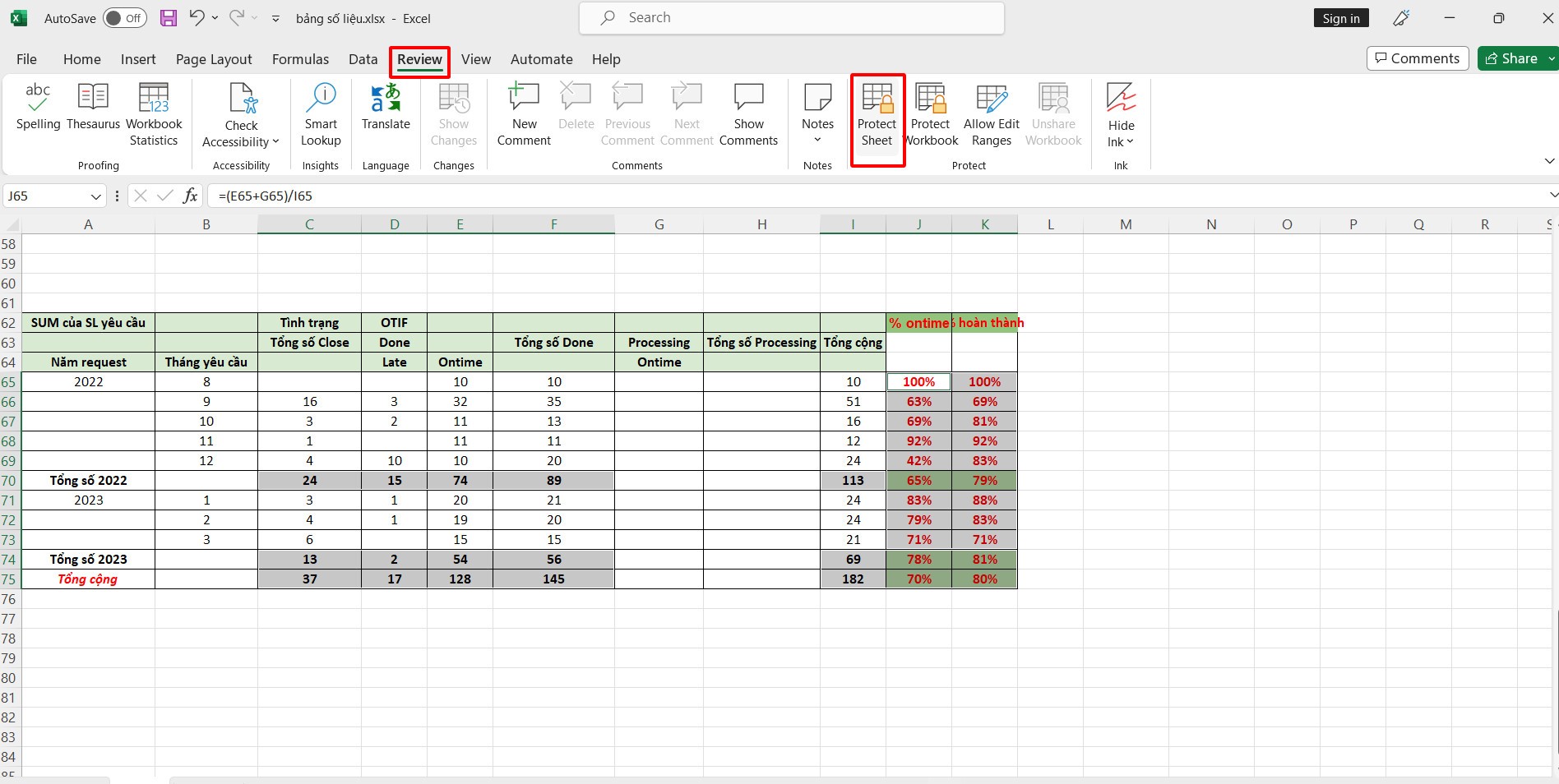 Chọn Protect Sheet để khóa ô công thức trong excel