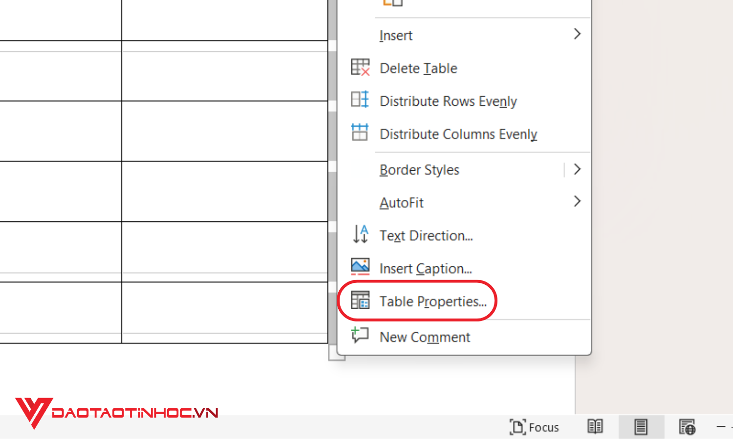 Chọn Table Properties